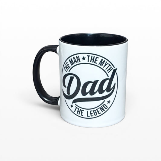 Illustrated Solutions Store white ceramic mug with black handle and interior, featuring
