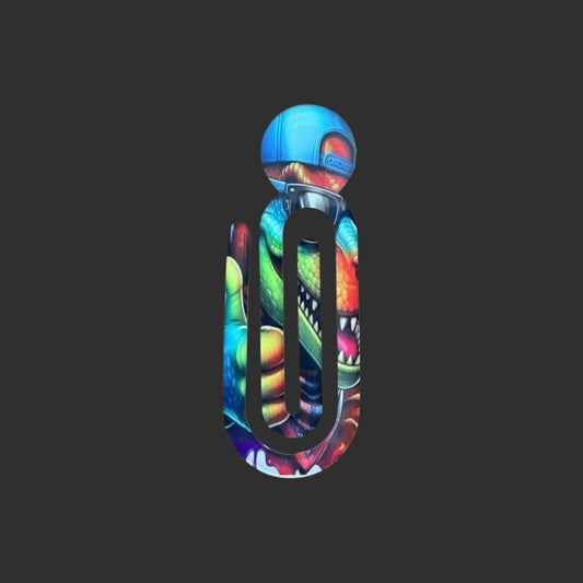 Illustrated Solutions Store dinosaur bookmark clip featuring vibrant multi-coloured artwork on a dark background.