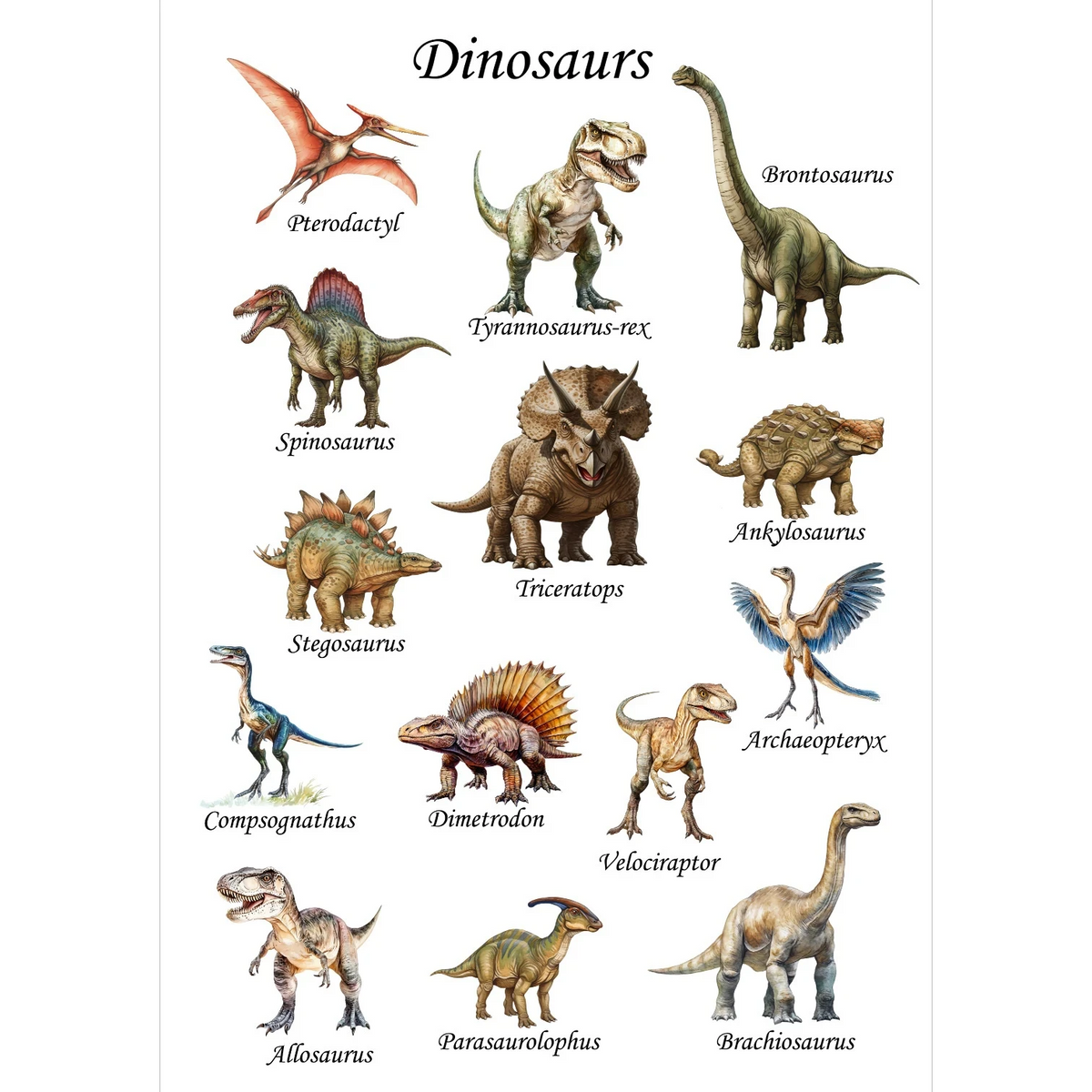 Illustrated Solutions Store vintage-style dinosaur chart poster for kids, featuring Pterodactyl, Tyrannosaurus-rex, Brontosaurus, Spinosaurus, Triceratops, Ankylosaurus, Stegosaurus, Archaeopteryx, Compsognathus, Dimetrodon, Velociraptor, Allosaurus, and Parasaurolophus.