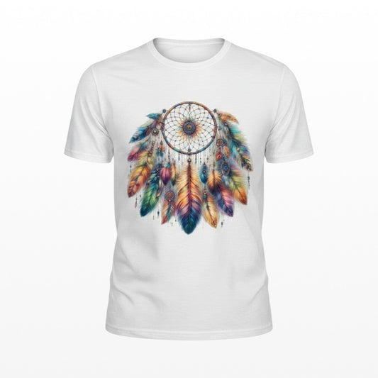 Illustrated Solutions Store white t-shirt with a vibrant watercolour dreamcatcher and flowing feathers design.