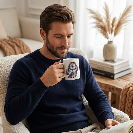 Man in navy sweater holding an Illustrated Solutions Store ceramic mug with a floral dreamcatcher design.