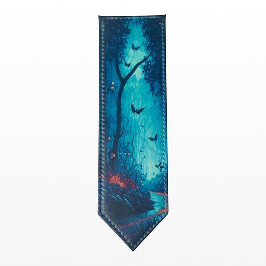 Illustrated Solutions Store leather bookmark with a deep teal enchanted forest scene, featuring glowing fireflies and moths.