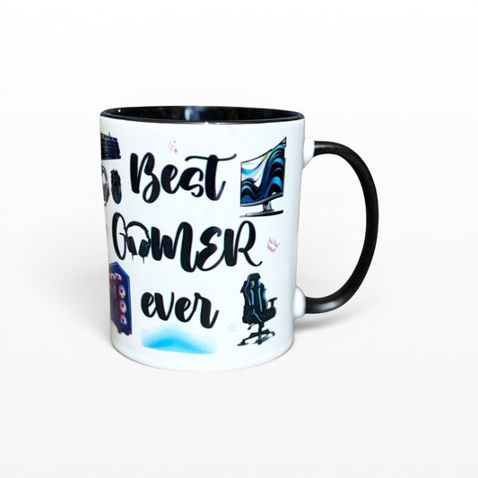 Illustrated Solutions Store white ceramic mug with black handle and rim, featuring 'Best Gamer Ever' text and gaming icons like a monitor, PC, and chair.