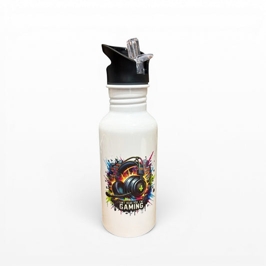 Illustrated Solutions Store white metal gaming water bottle with headphones graphic and text "I Can't Hear You I'm Gaming".