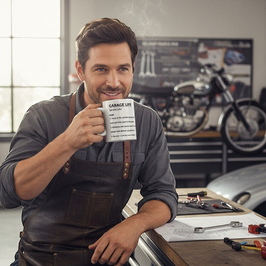 Illustrated Solutions Store white ceramic mug with "GARAGE LIFE" definition, held by a man in a workshop.