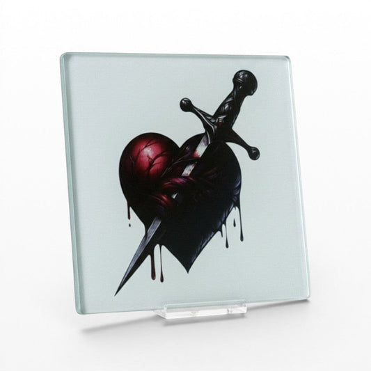 Illustrated Solutions Store gothic heart dagger glass square coaster. Features a dark, dripping heart pierced by a dagger.