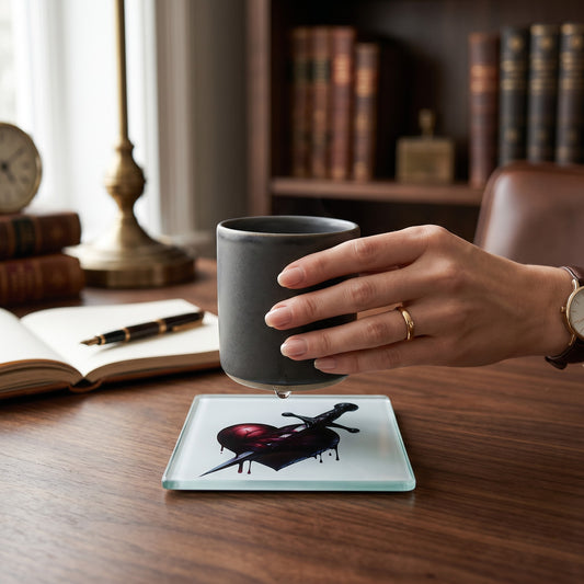 Illustrated Solutions Store square glass coaster featuring a gothic heart pierced by a dagger on a wooden desk.