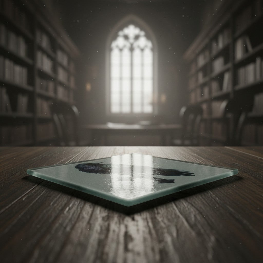Illustrated Solutions Store gothic raven and cross glass square coaster on wooden table.