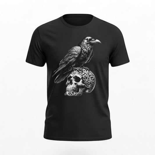 Illustrated Solutions Store black gothic t-shirt with a detailed raven perched on an ornate skull graphic.