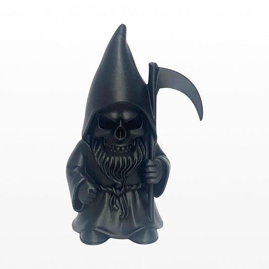 Illustrated Solutions Store black gothic grim reaper gnome figurine with scythe, hooded skull face, and beard.