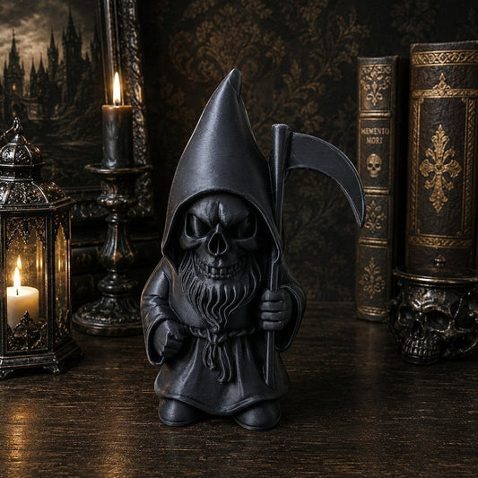 Gnome reaper on table with books