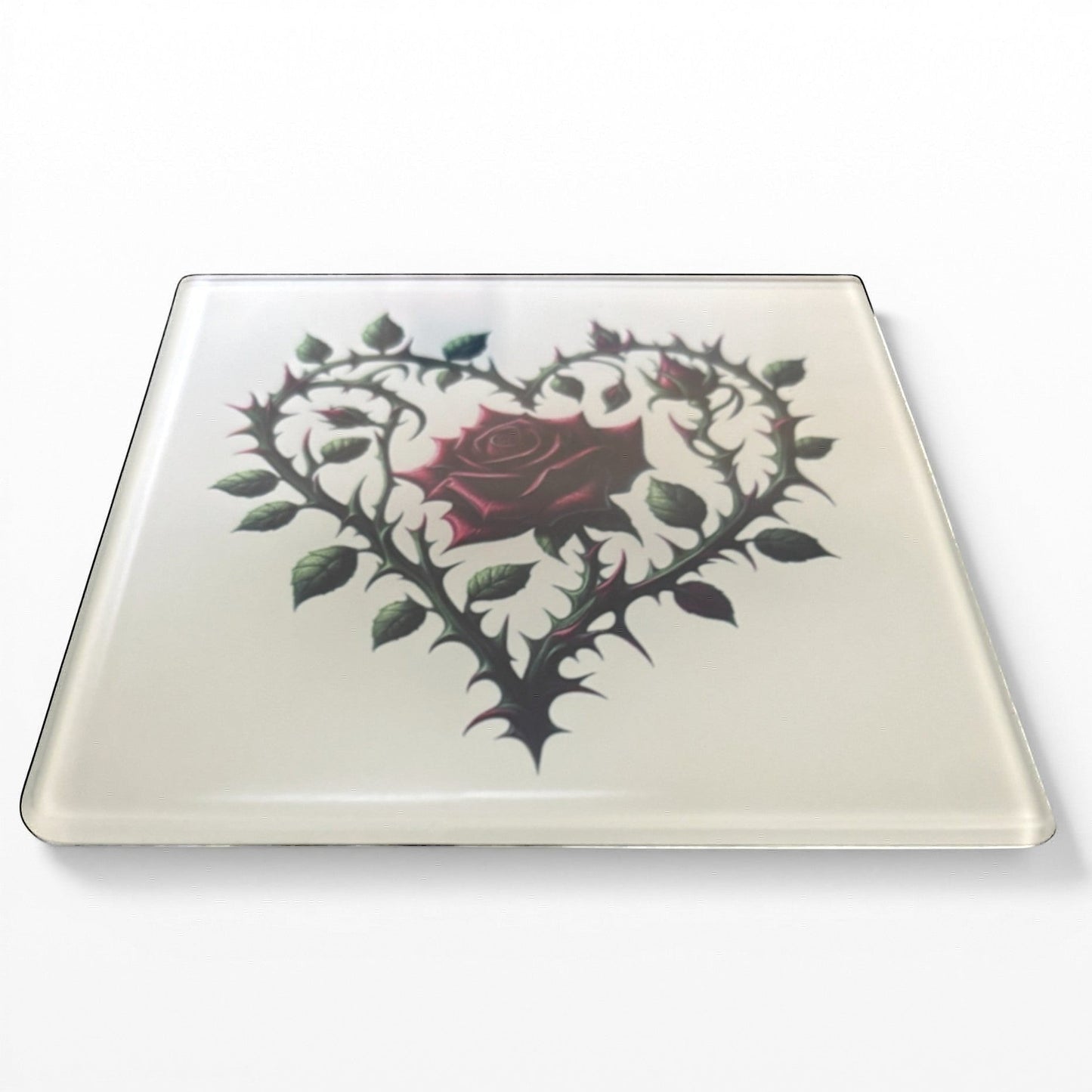 Illustrated Solutions Store gothic thorn rose heart glass coaster with a dark red rose.