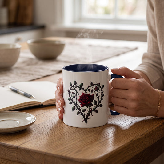 Illustrated Solutions Store ceramic mug with a gothic thorn rose heart design held by hands on a wooden table.