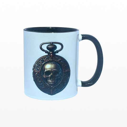 Illustrated Solutions Store white ceramic mug with black interior and handle, featuring a gothic skull pocket watch design.