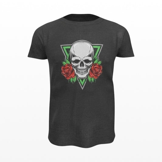 Illustrated Solutions Store dark grey t-shirt with a skull and red roses graphic print, framed by a green triangle.