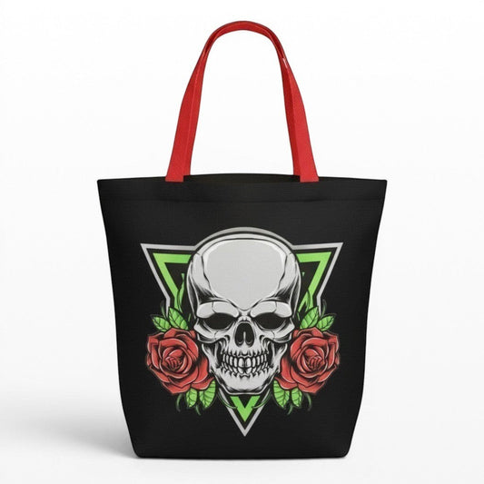 Illustrated Solutions Store black gothic tote bag with skull and red roses design, featuring red handles.
