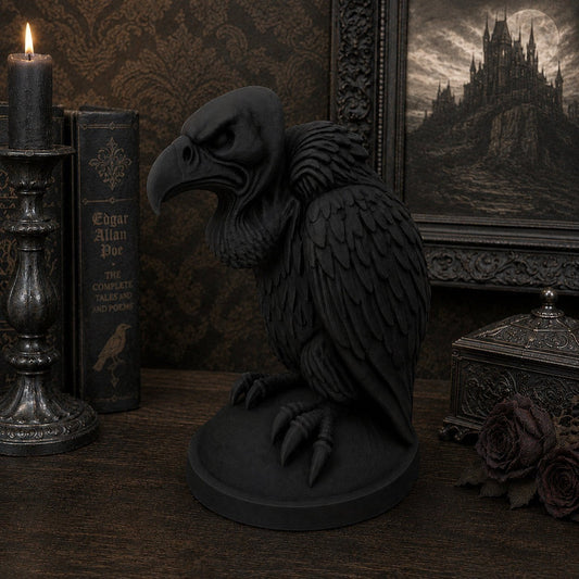 Illustrated Solutions Store black gothic vulture figurine with detailed feathers, perched on a base. Gothic decor.