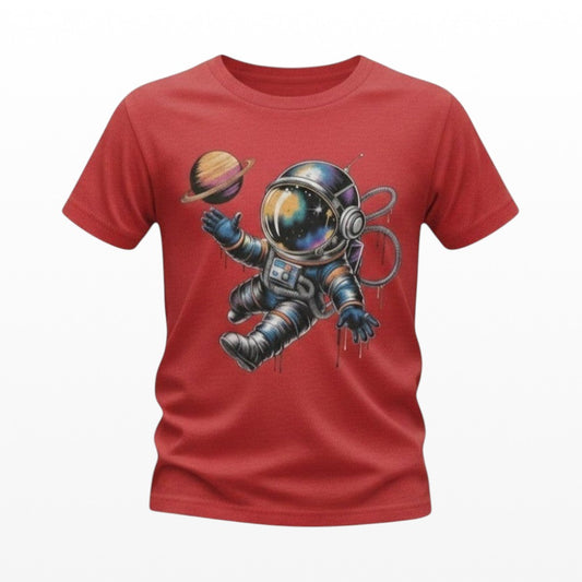 Illustrated Solutions Store red kids t-shirt featuring a colourful floating astronaut and planet space graphic.