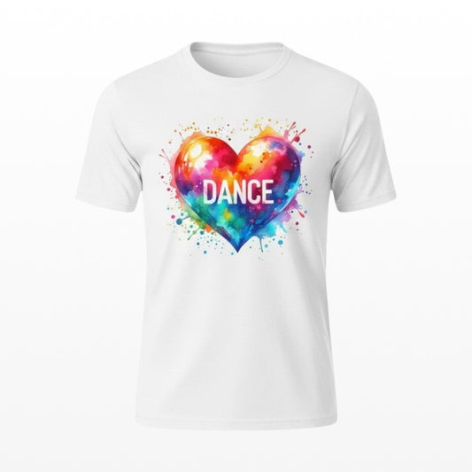 Illustrated Solutions Store white kids t-shirt with a colourful watercolour heart graphic and the word "Dance".
