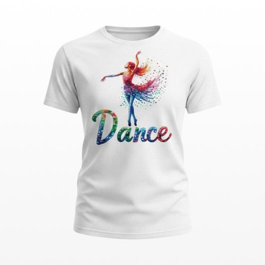 Illustrated Solutions Store white kids t-shirt with colourful dancer silhouette and rainbow "Dance" text.