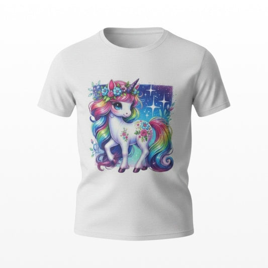 Illustrated Solutions Store white kids t-shirt with a rainbow floral unicorn graphic and starry background.