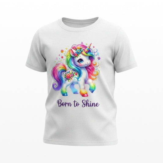 Illustrated Solutions Store white kids t-shirt with a rainbow unicorn graphic and "Born to Shine" text.