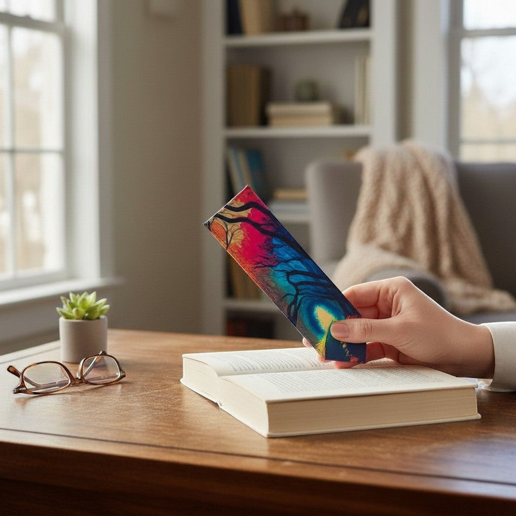 Illustrated Solutions Store leather bookmark with a vibrant, colourful forest path design. Perfect for readers. A bookmark held in a hand.