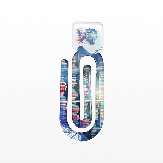 Illustrated Solutions Store acrylic book clip featuring a colourful library silhouette design for readers.