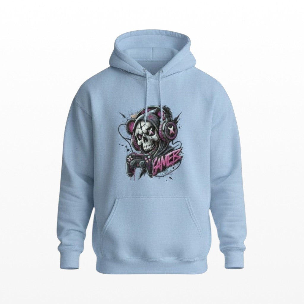 Illustrated Solutions Store light blue gaming hoodie featuring a skull wearing headphones and holding a controller