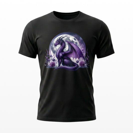 Illustrated Solutions Store black unisex t-shirt featuring a purple dragon graphic with a full moon and flowers.