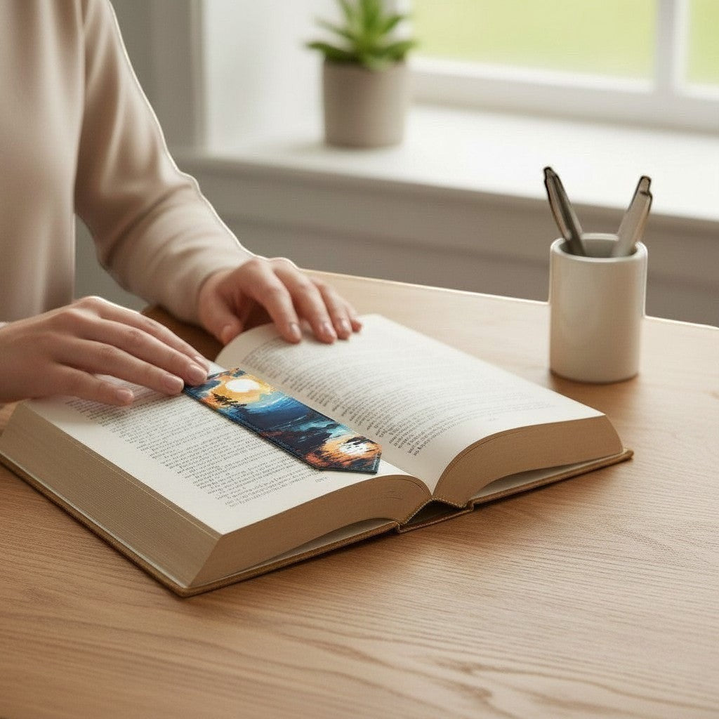 Illustrated Solutions Store leather bookmark with mountain sunrise reflection design, perfect for readers. Bookmark placed on a book.