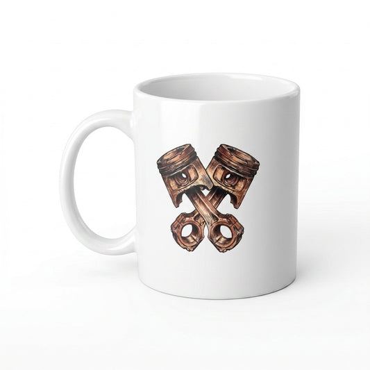 Illustrated Solutions Store white ceramic mug featuring a detailed illustration of two crossed engine pistons.
