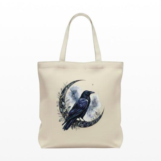 Illustrated Solutions Store canvas tote bag featuring a gothic raven and crescent moon celestial art print.