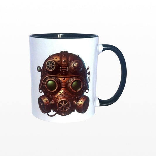 Illustrated Solutions Store ceramic mug featuring a detailed bronze steampunk gas mask with mechanical elements.