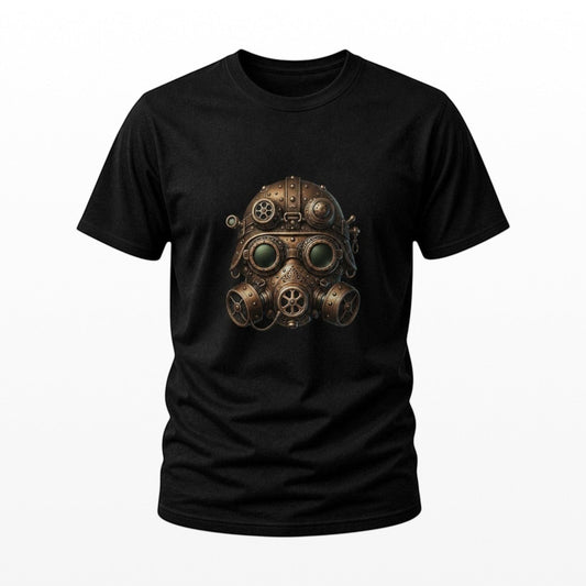 Illustrated Solutions Store black cotton t-shirt with a detailed steampunk gas mask design in metallic bronze and green.