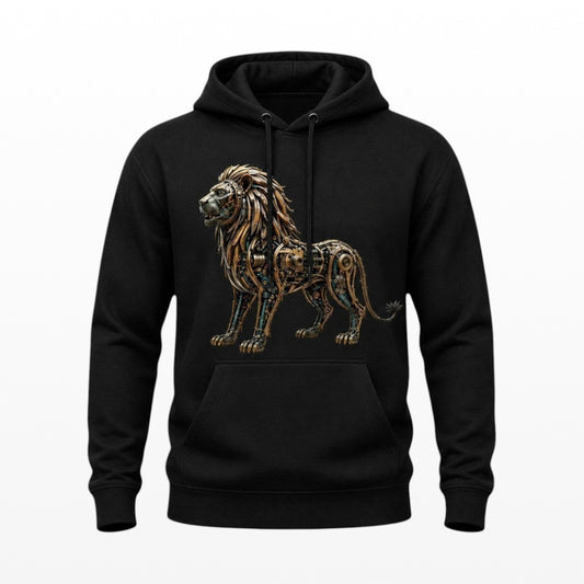 Illustrated Solutions Store black hoodie with a detailed steampunk mechanical lion design in gold and bronze.