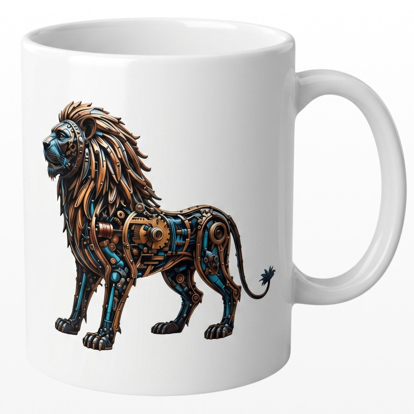 Illustrated Solutions Store white ceramic mug featuring a mechanical steampunk lion design with bronze and blue gears.
