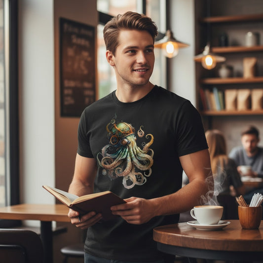 Illustrated Solutions Store black t-shirt with a detailed steampunk octopus design featuring gears and vintage elements.