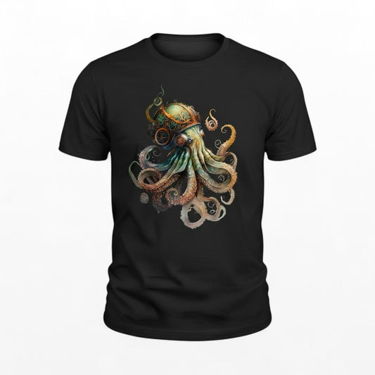 Illustrated Solutions Store black t-shirt with a detailed steampunk octopus design featuring gears and mechanical elements.