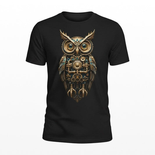 Illustrated Solutions Store black t-shirt with a detailed steampunk owl design featuring gears and metallic accents.
