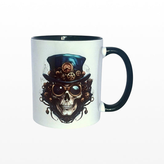 Illustrated Solutions Store ceramic mug featuring a steampunk skull with a top hat, goggles, and mechanical gears.