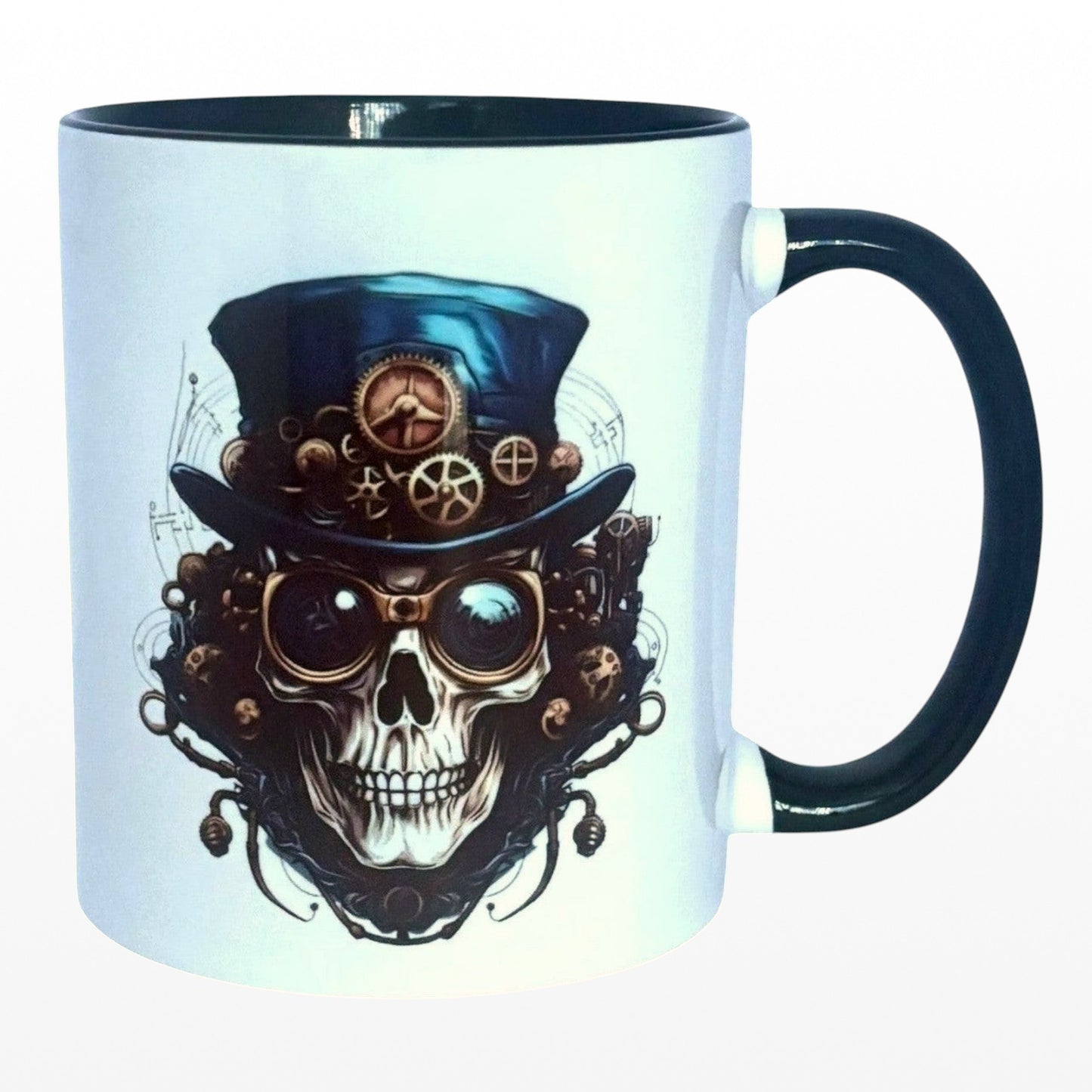 Illustrated Solutions Store steampunk skull mug with top hat and goggles, featuring intricate mechanical details and a black handle.