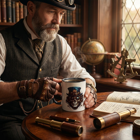 Illustrated Solutions Store ceramic mug featuring a steampunk skull with a top hat, held by a man in vintage attire.
