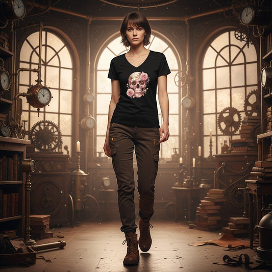 Illustrated Solutions Store black fitted women's tee with pink steampunk skull, roses, and gears design.
