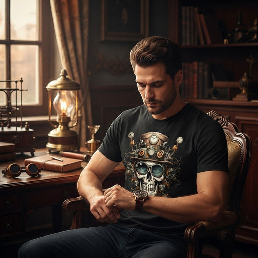 Illustrated Solutions Store black t-shirt with a detailed steampunk mechanical skull graphic, featuring gears and goggles.