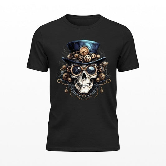 Illustrated Solutions Store black t-shirt featuring a mechanical steampunk skull with a top hat, gears, and goggles.