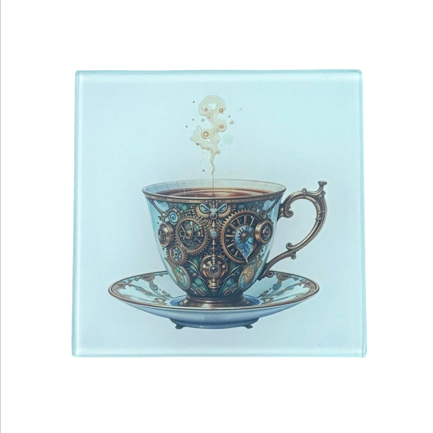 Illustrated Solutions Store square glass coaster featuring a detailed steampunk clockwork teacup design