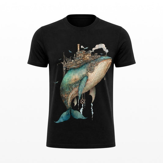 Illustrated Solutions Store black t-shirt with a detailed steampunk whale design featuring mechanical elements and a city on its back.