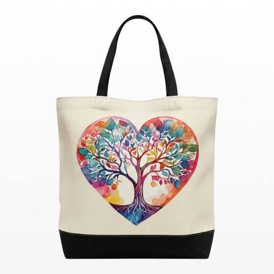 Illustrated Solutions Store canvas tote bag featuring a vibrant watercolor Tree of Life heart design on cream fabric.