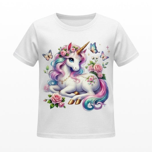 Illustrated Solutions Store white kids t-shirt with a pastel unicorn surrounded by flowers and butterflies.